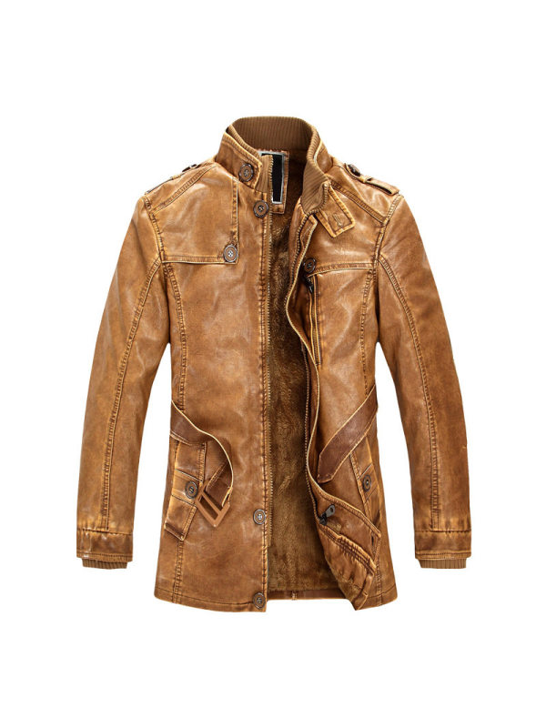 Men's Vintage Washed Stand Collar PU Leather Mid Length Biker Leather Jacket