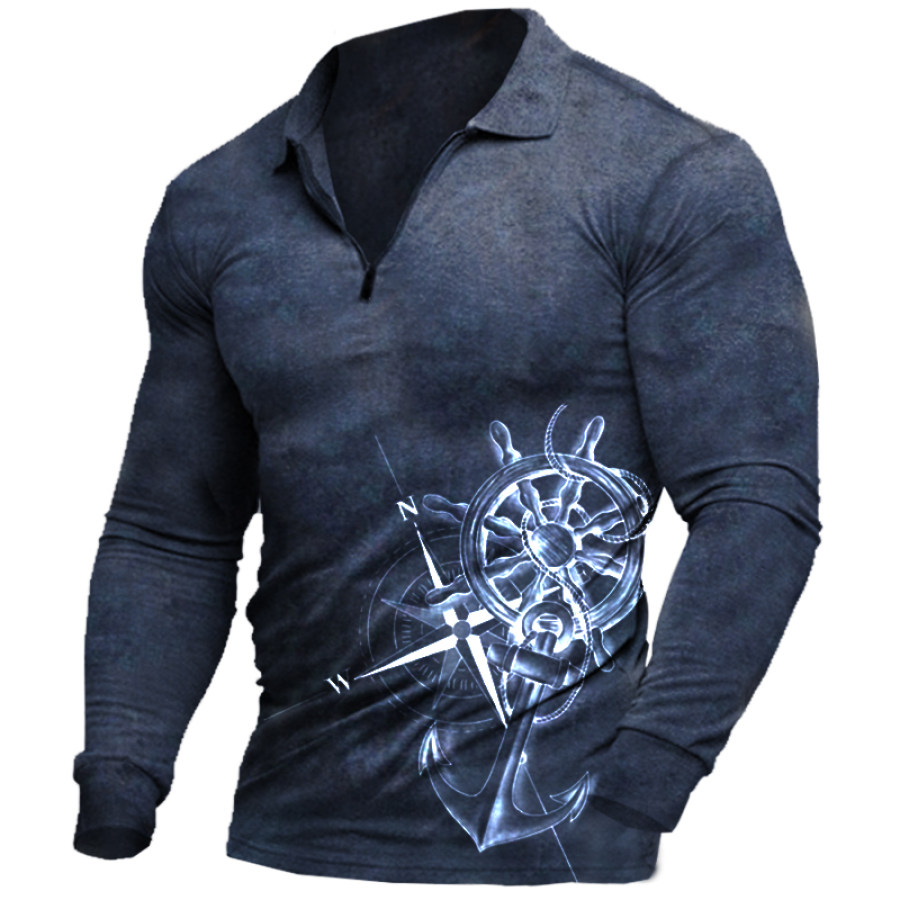 

Men's Vintage Compass Anchor Print Long Sleeve Zip Polo Neck T-Shirt