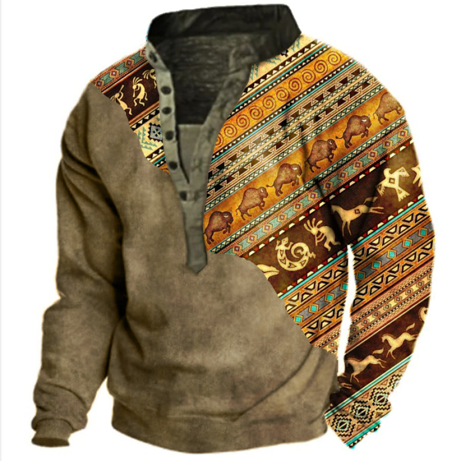 

Men's Ethnic Animal Totem Graphic Print Henley Collar Sweatshirt