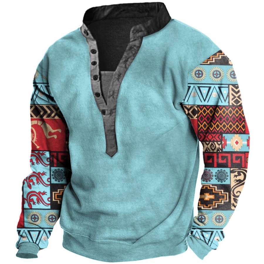 

Men's Vintage Ethnic Geometric Henley Sweatshirt