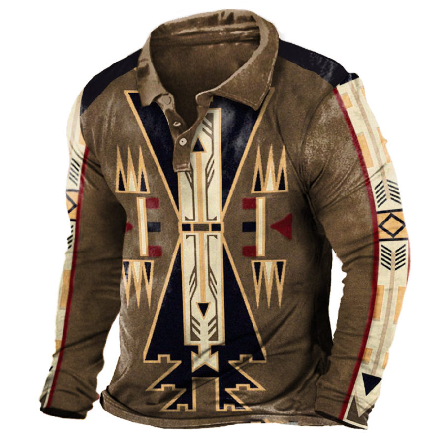 

Men's Ethnic Graphic Print Long Sleeve Polo Neck T-Shirt