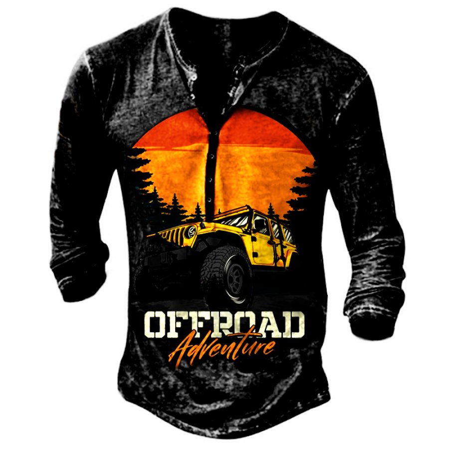 

Men's Jeep Off Road Adventure Road Trip Graphic Print Vintage Henley Collar T-Shirt