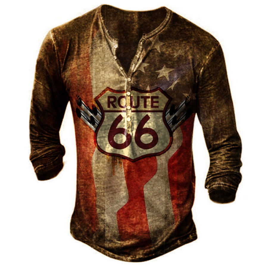 

Men's American Flag Route 66 Road Trip Graphic Print Vintage Henley Collar T-Shirt