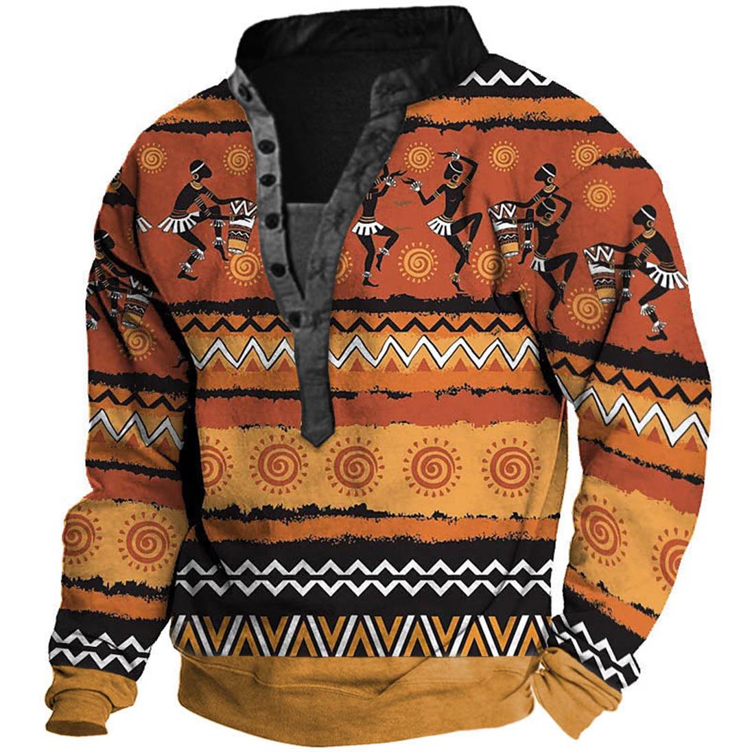 Men's Vintage Ethnic Geometric Henley Sweatshirt