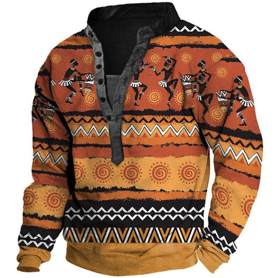 

Men's Vintage Ethnic Geometric Henley Sweatshirt