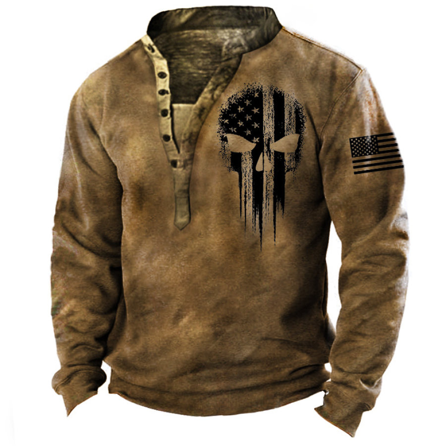 

Men's Vintage American Flag Skull Henley Sweatshirt