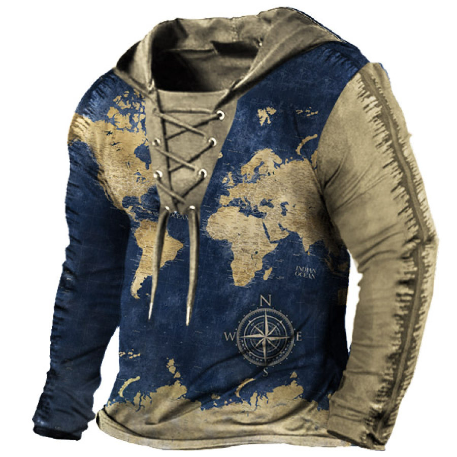 

Men's Vintage Nautical World Map Print Drawstring Hooded T-Shirt