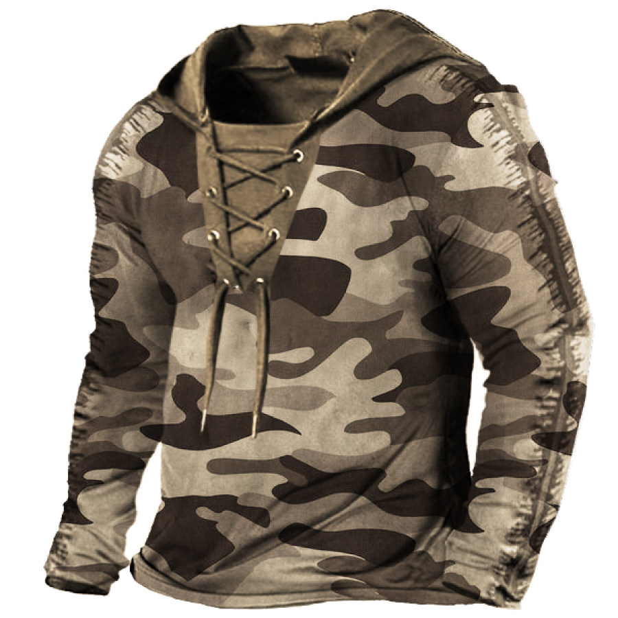 

Retro Camo Print Men's Outdoor Tactical Drawstring Hooded Long Sleeve T-Shirt