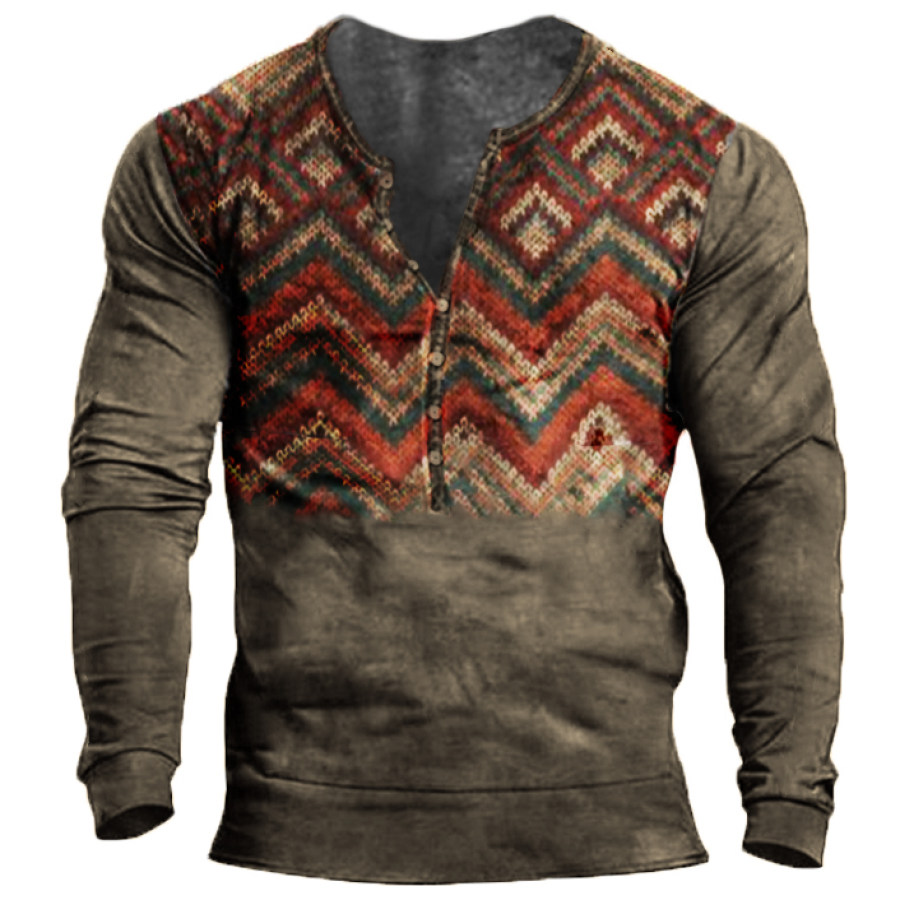 

Men's Vintage Splicing Ethnic Henley Collar Long Sleeve T-Shirt