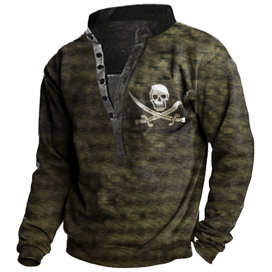 

Men's Vintage Worn Pirate Flag Long Sleeve Henley Collar Sweatshirt