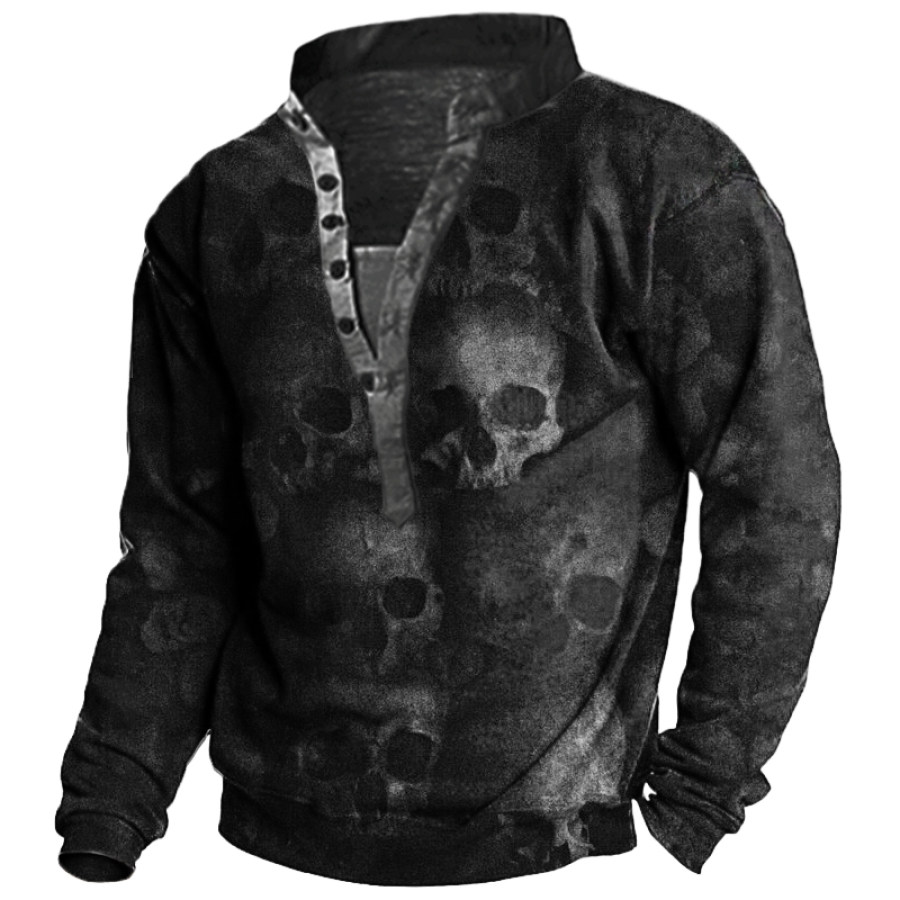 

Men's Vintage Dark Skull Print Henley Collar Sweatshirt