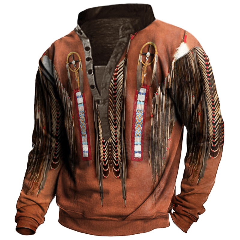 Native American Culture 3D Printed Henley Collar Long Sleeve Sweatshirt