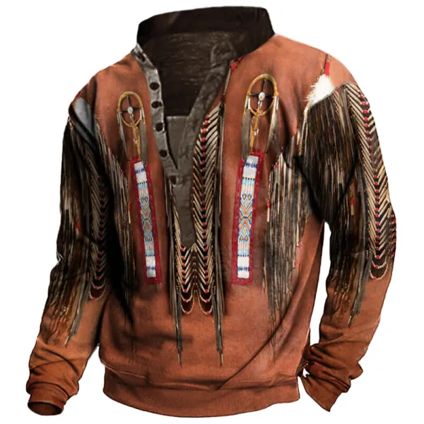 Native American Culture 3D Printed Henley Collar Long Sleeve Sweatshirt - Nikiluwa.com 