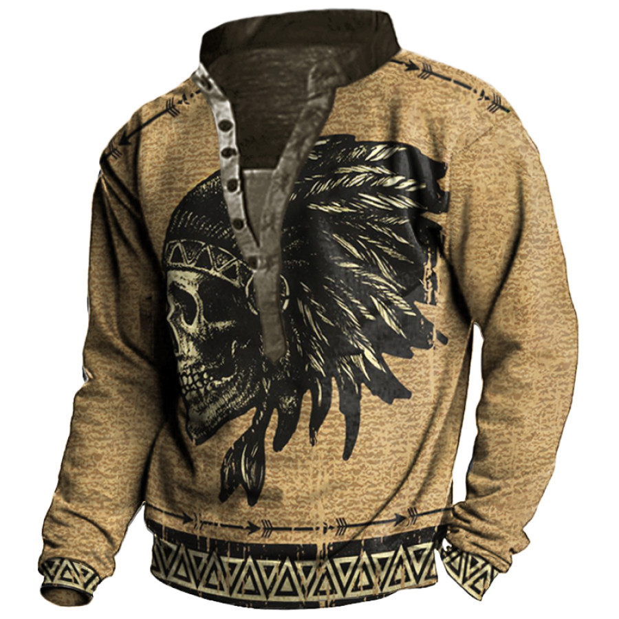 

Native American Indian Chief Skull Men's Vintage Henley Collar Long Sleeve Sweatshirt