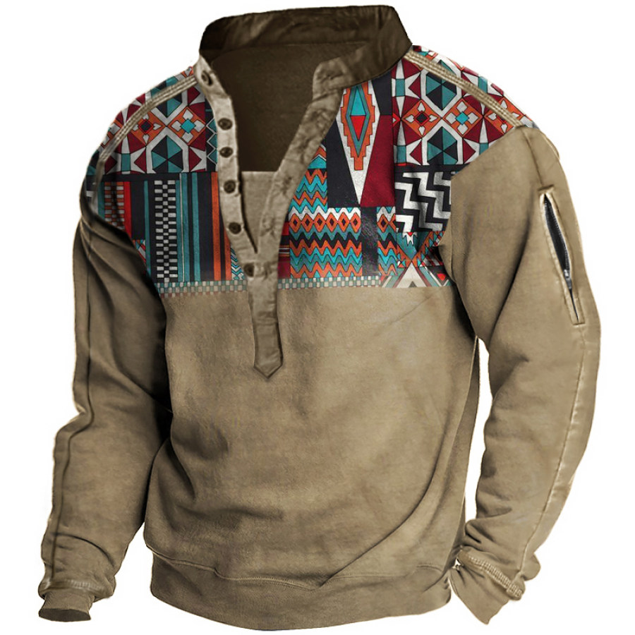 

Men's Retro Ethnic Patchwork Henley Collar Long Sleeve Casual Sweatshirt
