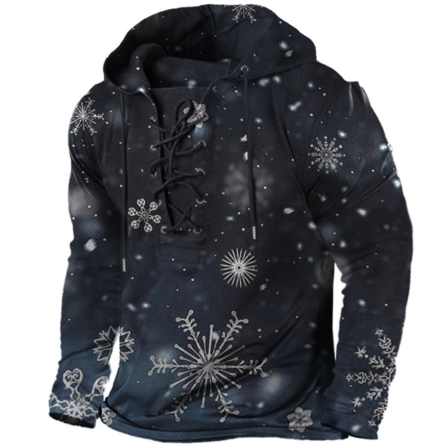 

Men's Snowflake Print Vintage Tie Hooded Long Sleeve T-Shirt