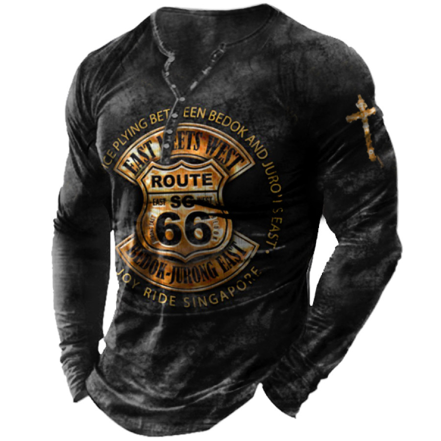 

Top Vintage Masculino Com Gola Henley Estampado Route 66