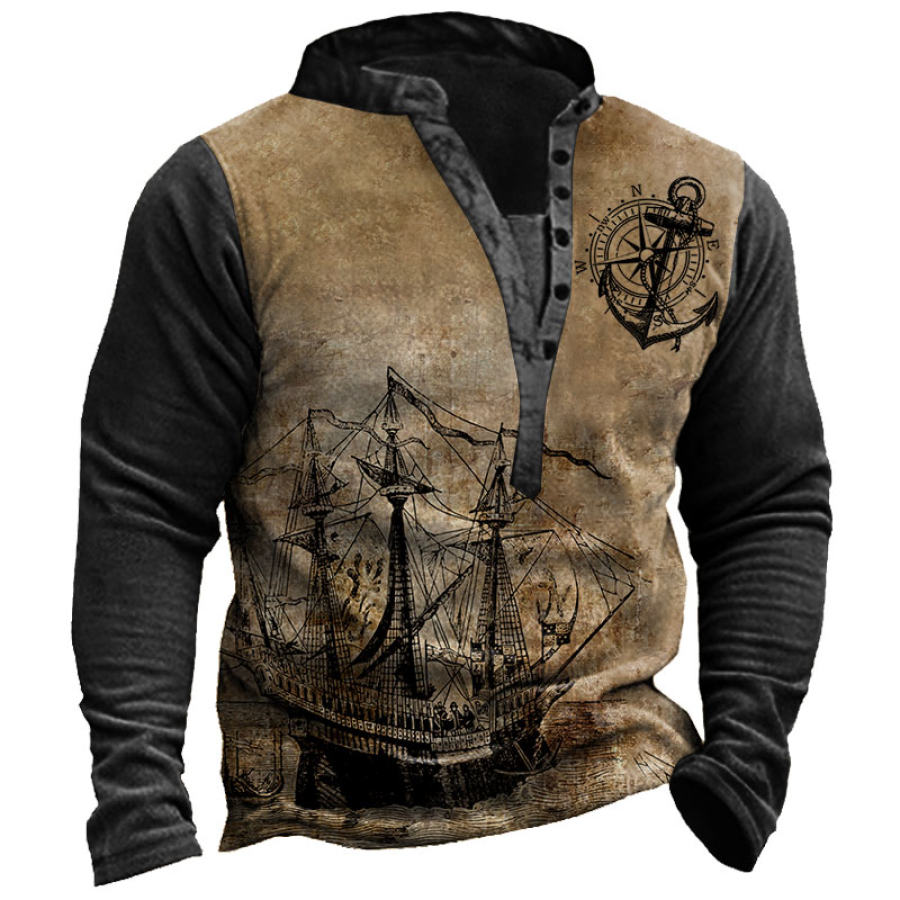 

Men's Vintage Nautical Boat Print Henley Sweatshirt