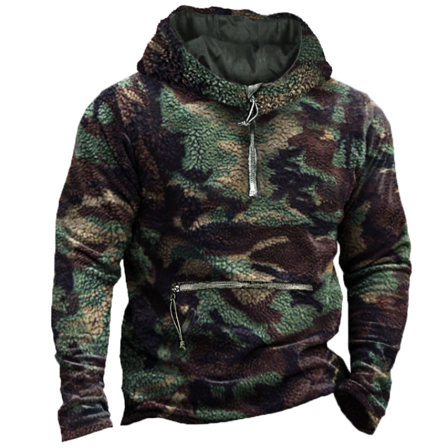 

Men's Outdoor Camo Lamb Fleece Thermal Zip Pocket Tactical Hoodie