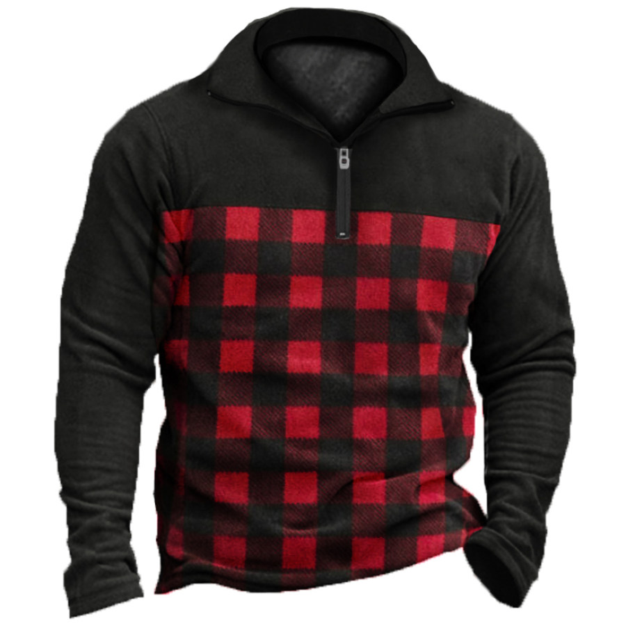 

Men's Outdoor Plaid Splicing Fleece Zip-Up Polo Neck Tactical Sweatshirt
