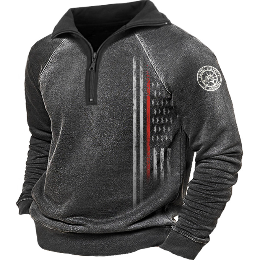 

Men's Distressed American Flag Zip Long Sleeve Sweatshirt