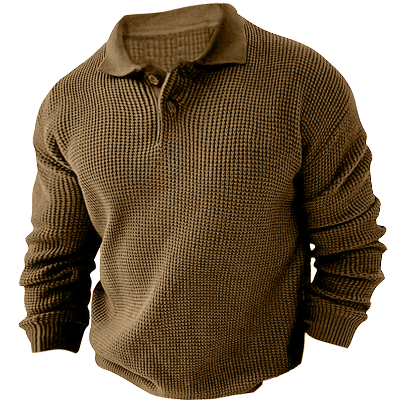 Men's Vintage Long Sleeve Chic Pol Casual Quarter Button Up Lapel Collar Fall Winter O Sweater