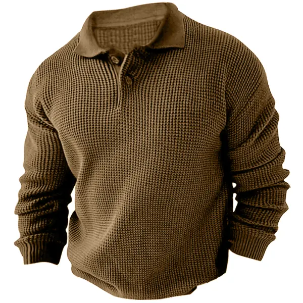 Men's Vintage Long Sleeve Pol Casual Quarter Button Up Lapel Collar Fall Winter O Sweater - Nikiluwa.com 