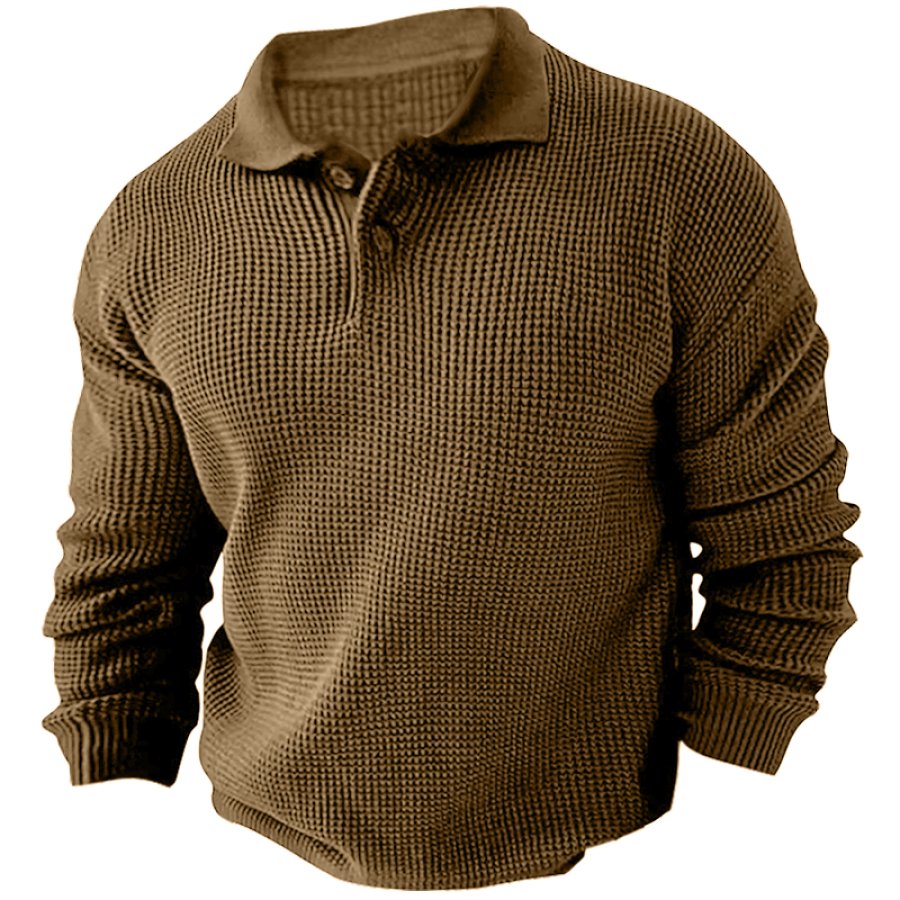 

Men's Vintage Long Sleeve Pol Casual Quarter Button Up Lapel Collar Fall Winter O Sweater