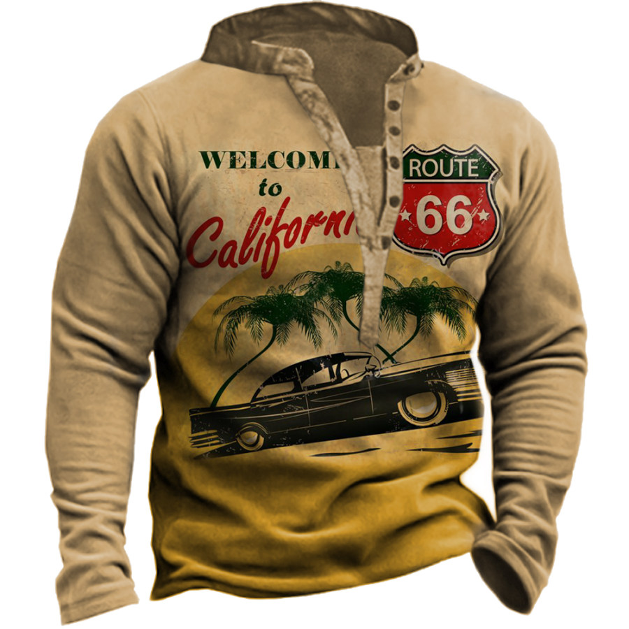 

Men's Vintage America Route 66 Print Henley Collar Sweatshirt