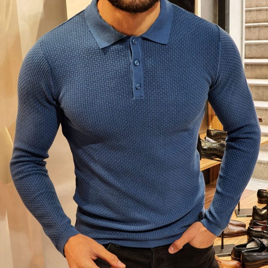 

Men's Vintage Knit Long Sleeve Polo Shirt