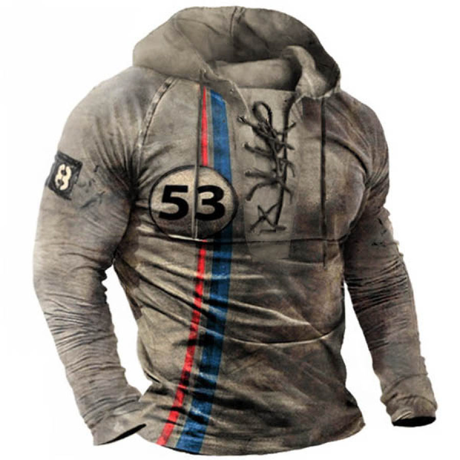 

Men's Vintage Racing Stripe Print Lace-Up Long Sleeve T-Shirt