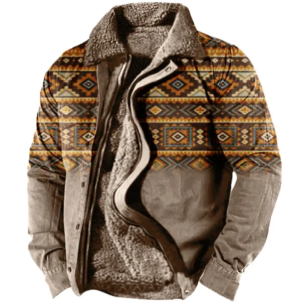 Men's Vintage Print Zip Long Sleeve Fleece Jacket - Mosaicnew.com 