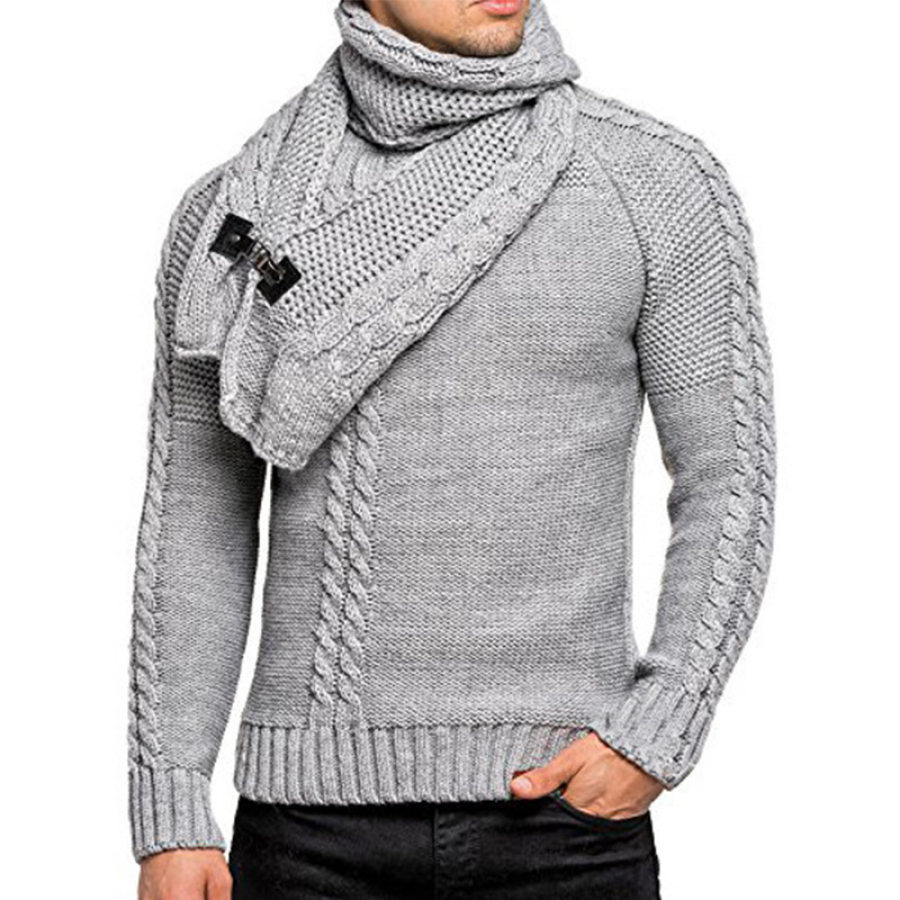 

Men's Detachable Scarf Collar Long Sleeve Pullover Sweater