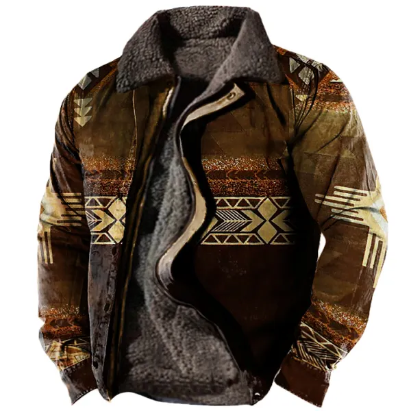 Men's Retro Ethnic Print Fleece Zipper Tactical Shirt Jacket - Sanhive.com 