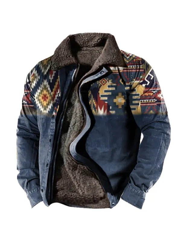 Men's Aztec Outdoor Ethnic Pattern Fleece Zipper Tactical Shirt Jacket