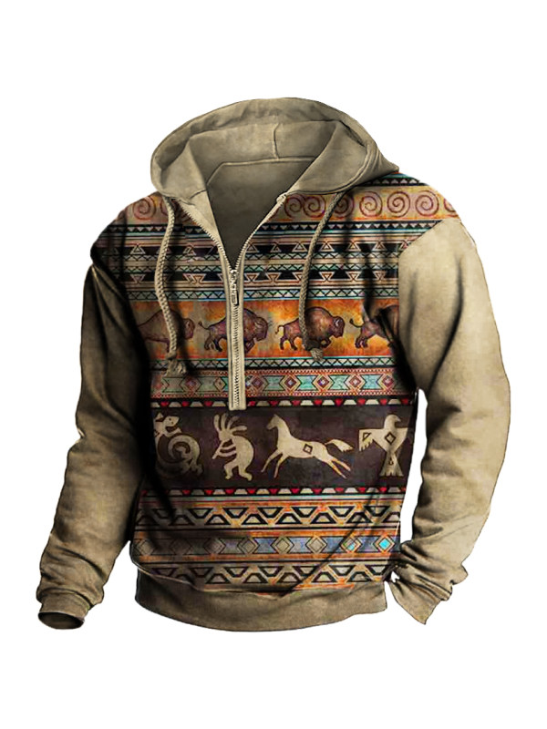 Men's Outdoor Vintage Western Aztec Print Zip Hoodie