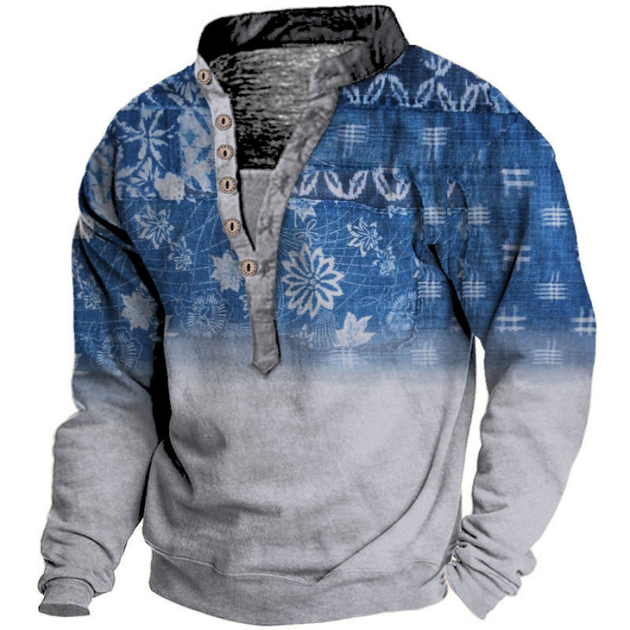 

Men's Retro Casual Henley Collar Folk Print Sweatshirt