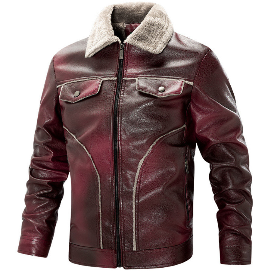 

Men's Casual Multi-pocket Warm Fleece Leather Jacket