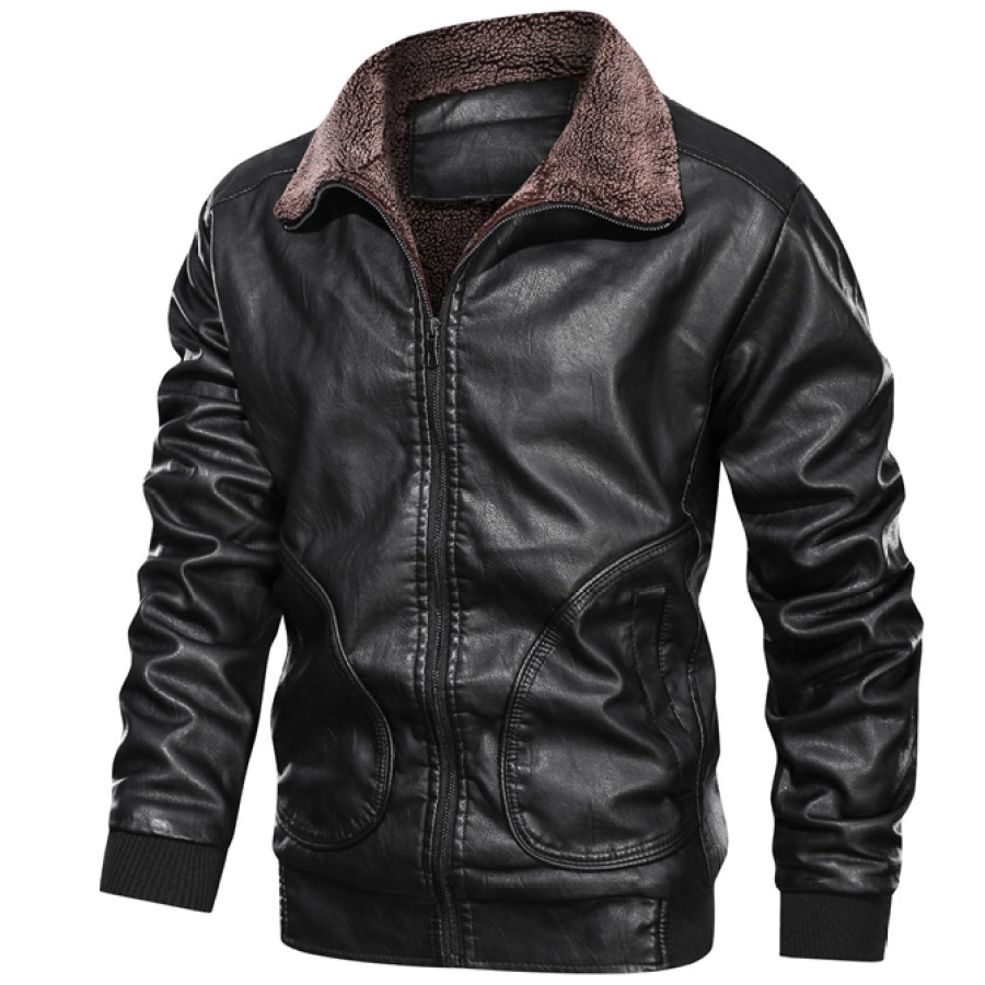 

Men's Outdoor Warm Fleece Thick Lapel Leather Jacket