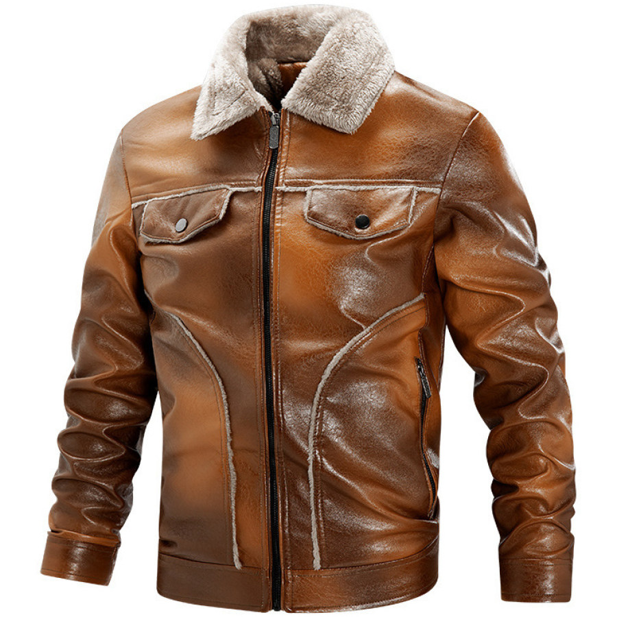 

Men's Casual Multi-pocket Warm Fleece Leather Jacket