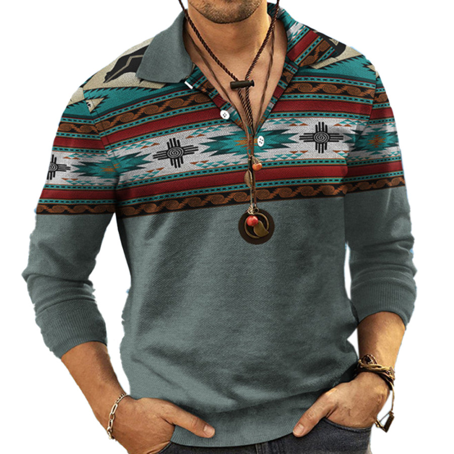 Men's Vintage Ethnic Print Polo Neck Long Sleeve Top