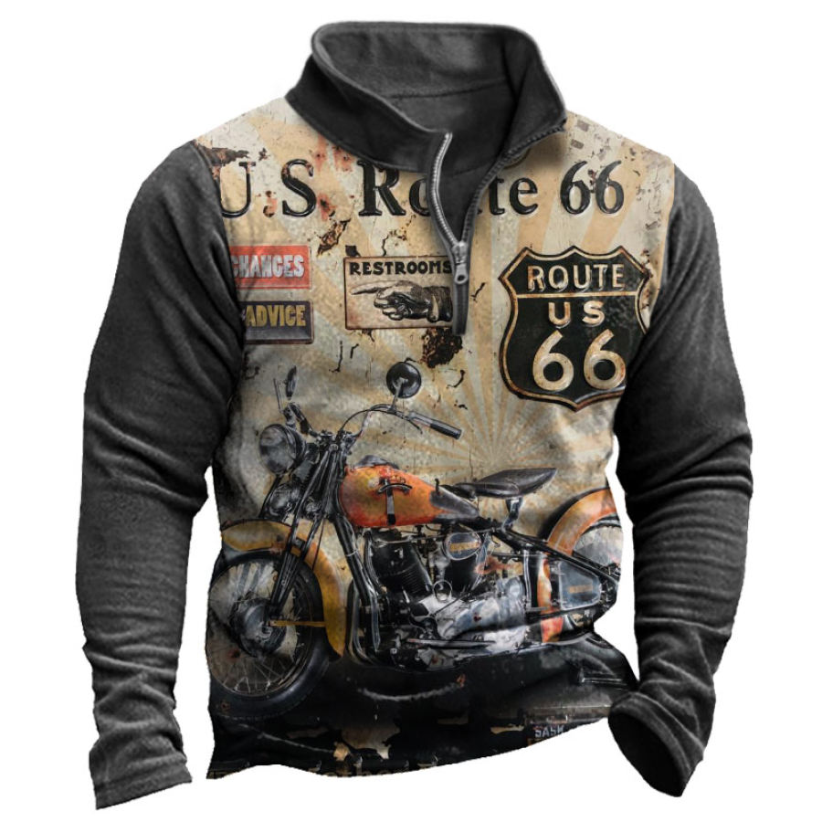 

Men's Vintage Outdoor Motorcycle Route 66 Print Half Zip Sweatshirt