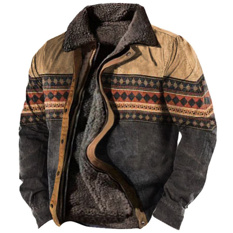 

Men's Vintage Ethnic Plaid Print Lining Fleece Zip Tactical Shirt Jacket