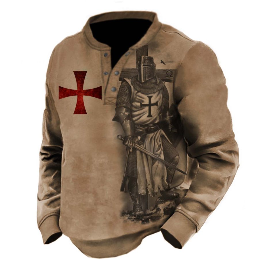 

Men's Vintage Templar Cross Print Henley Sweatshirt
