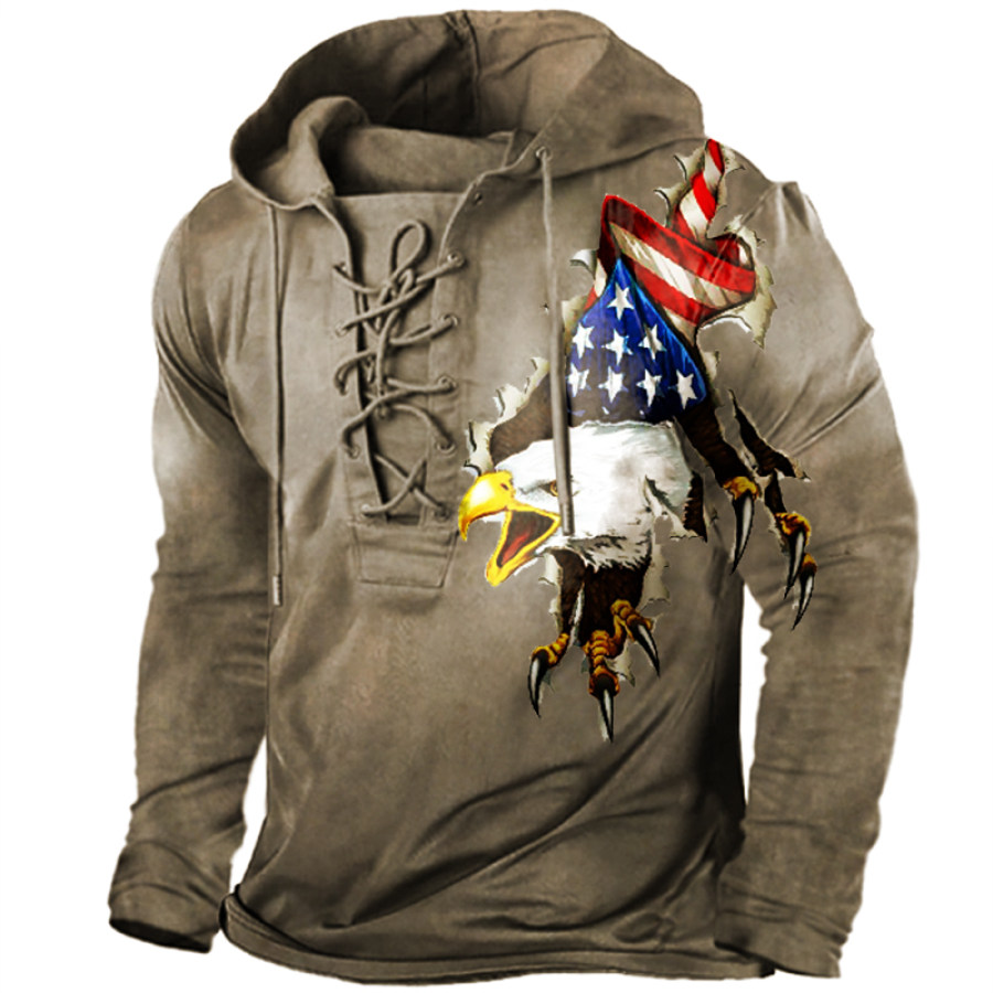 

Men's Vintage Retro Flying Eagle Flag Lace-Up Hoodie T-Shirt