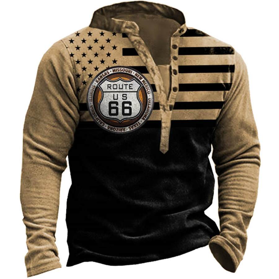 

Men's Route 66 American Flag Print Henley Sweatshirt