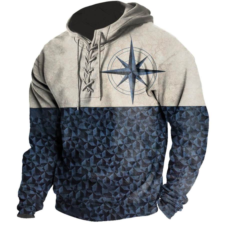 

Men's Nautical Compass Print Lace-Up Hoodie