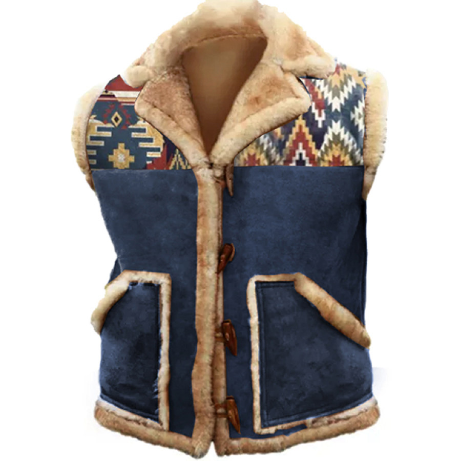 

Men's OutdoorEthnic Pattern Fleece Warm Pocket Button Sheepskin Gilet