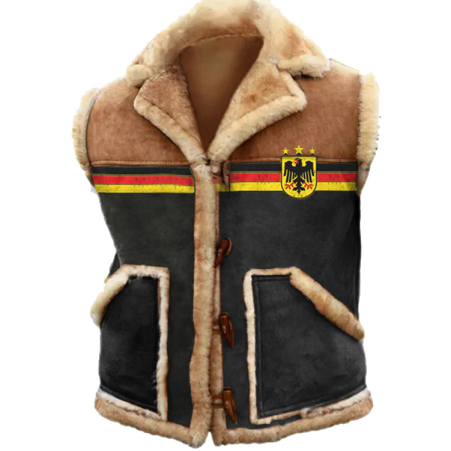

Men's Outdoor German Flag Fleece Warm Pocket Button Sheepskin Gilet