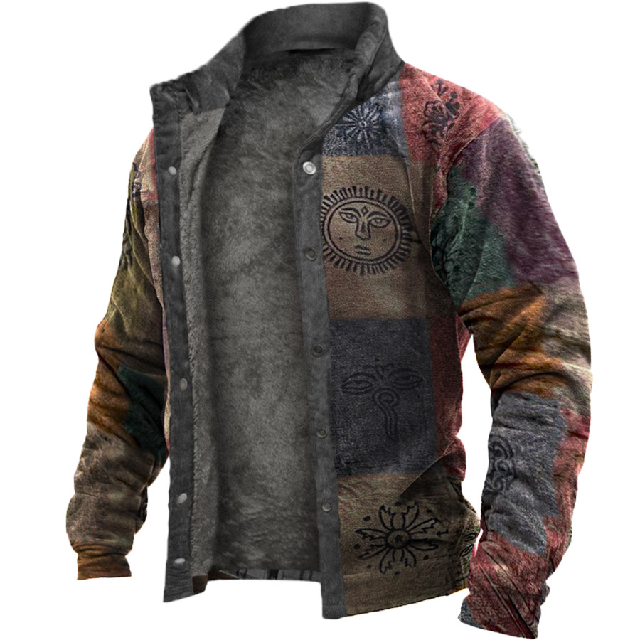 

Men's Retro Distressed Plaid Sun Long Sleeve Fleece Jacket